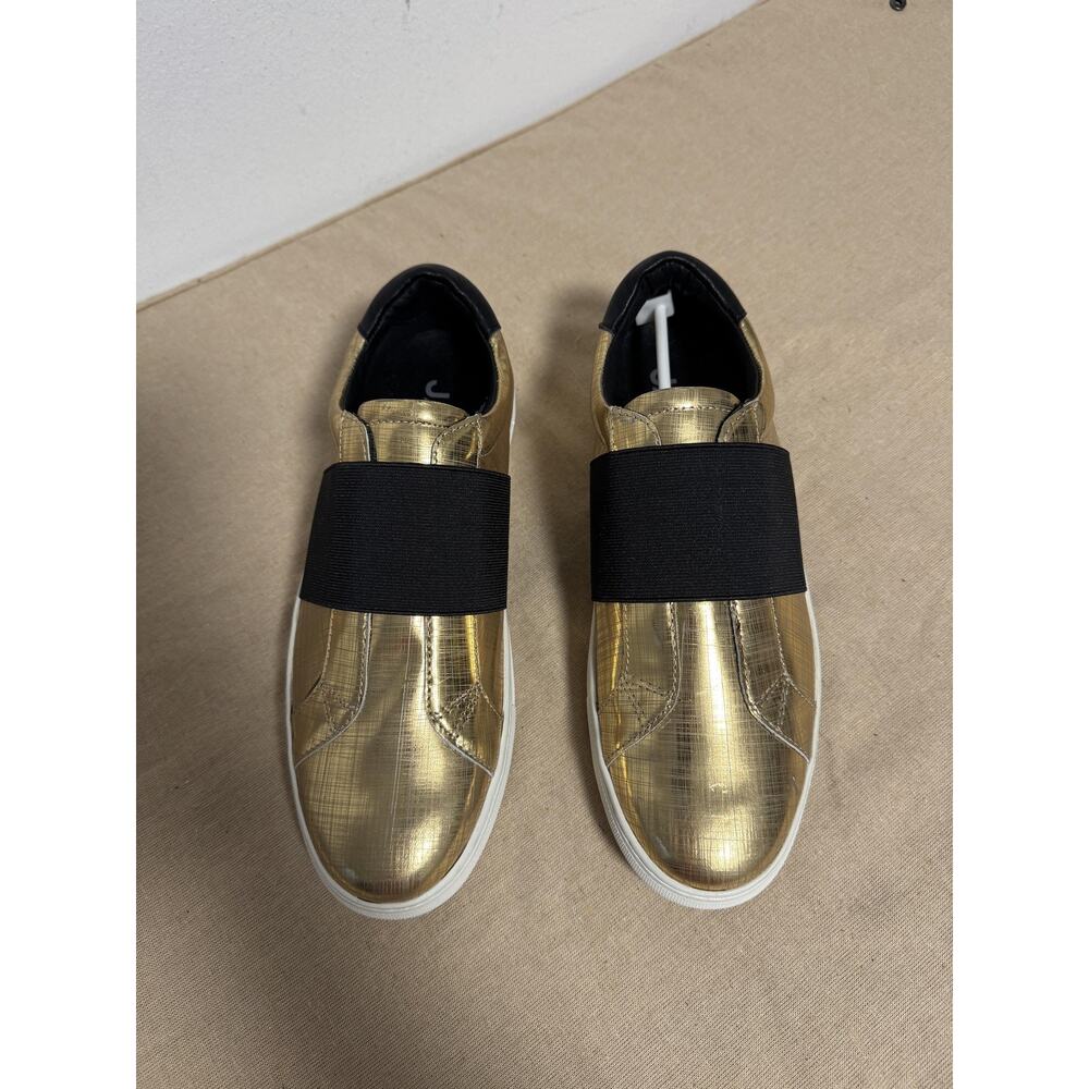 J/Slides NYC Shoes Womens Size 8 Gold Black Slip On Elastic Band Metallic Chic